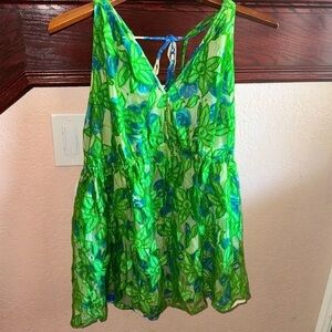 Lane Bryant Size 18 Green and Blue Floral Tunic Sheer Halter Top Garden Blouse